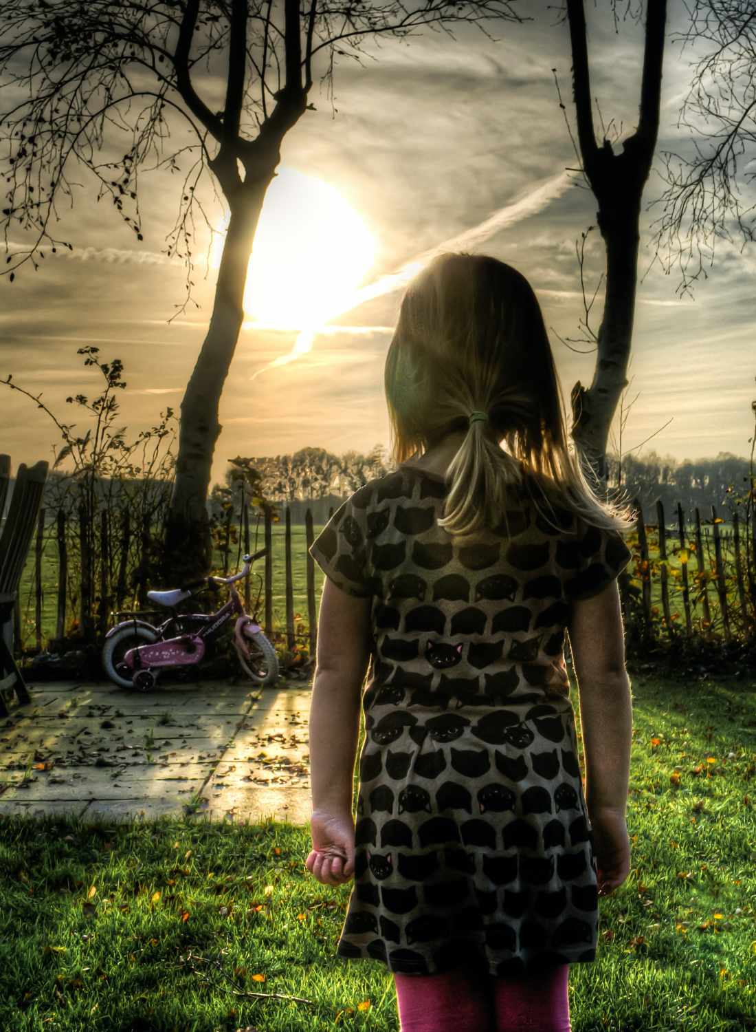 Image of girl watching the sun rise over a picket fence